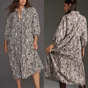 Maeve by ANTHROPOLOGIE The Bettina Tiered Shirt Dress XS Cotton Brown Zebra